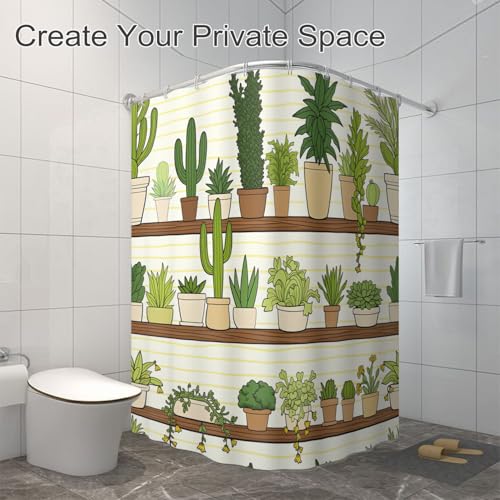 Green Cactus Pot Shelf Bathroom Shower Curtain 72x72 Inch with Hooks - Waterproof Fabric
