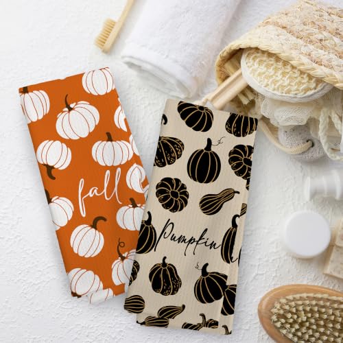 Fall Pumpkin Kitchen Towels Set of 2 - Rustic Dishcloths 16x24 Inches