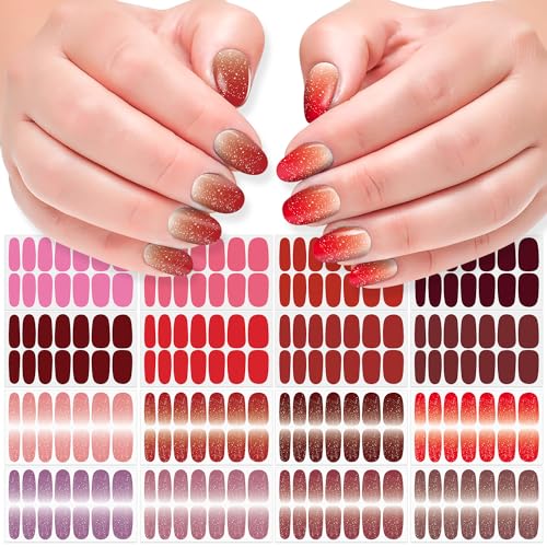 Self-Adhesive Nail Polish Stickers Set - Red Solid & Glitter Gradient Nails, 16 Sheets with File & Cuticle Stick - Long-Lasting Manicure