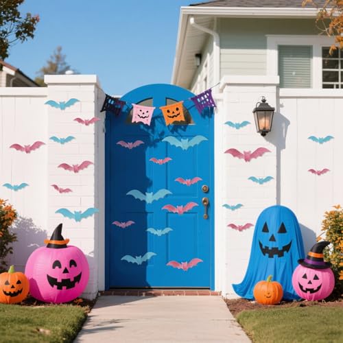 Halloween 3D Glitter Paper Bat Wall Decorations - Pink & Blue, 48 Pcs, 4 Sizes