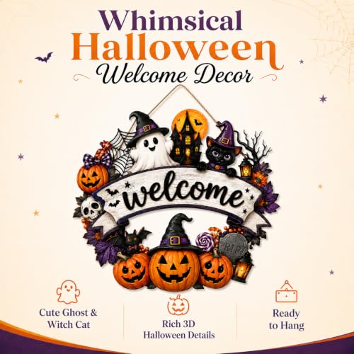 Wooden Halloween Wreath for Front Door Decor - Pumpkin Black Cat Ghost Design