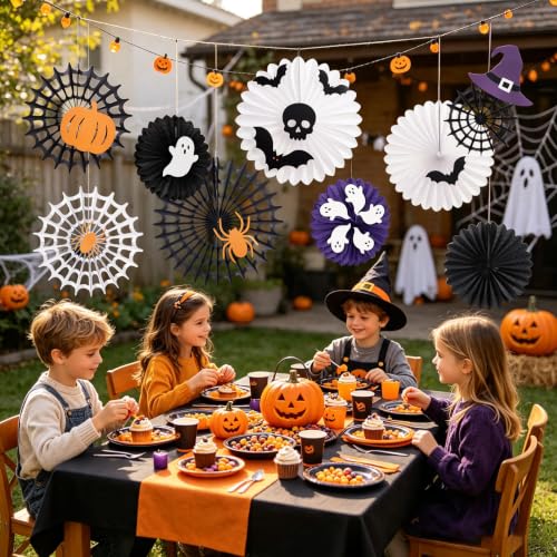 Halloween Paper Fan Decorations with Spider Web Ghost Bats Skeleton - Indoor Wall Decor - Variation of THIS listing