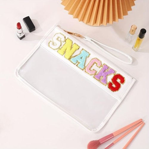 HIGH FIT Snack Bags Pouch Travel Makeup Bag Chenille Letter Patch - Waterproof Nylon Clear Cosmetic Bag/Tote Bag/Makeup Travel Bag/for Women Girls (Snack-White)