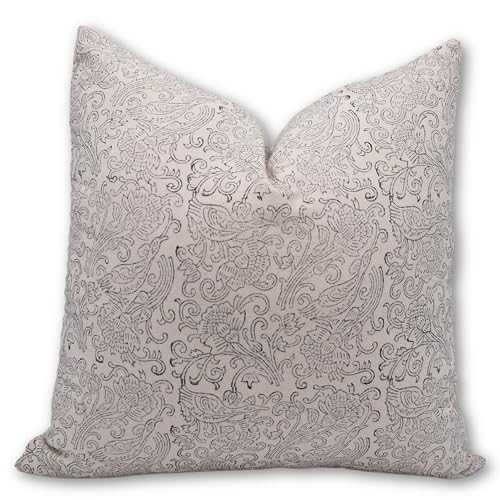18x18 Handmade Block Print Duck Canvas Throw Pillow Cover for Sofa Couch Bed - Light Black & Beige