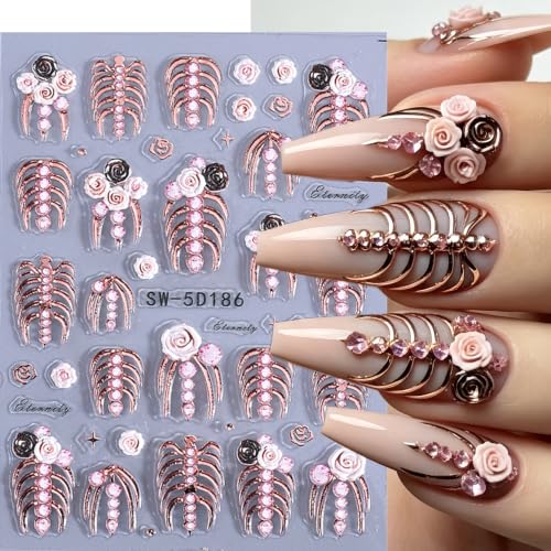 Halloween Skull Nail Stickers Set - Style02 Embossed Skeleton & Rose Design, 4 Sheets for Gothic Nail Art