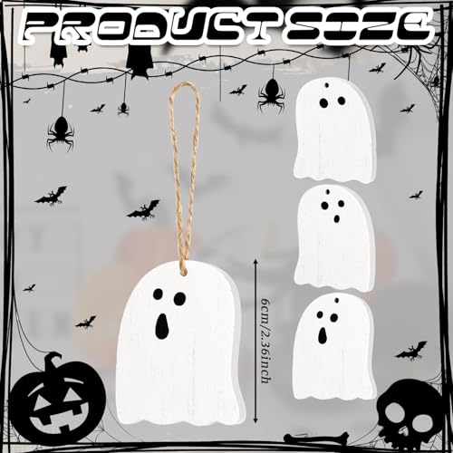 Halloween Ghost Tree Ornaments Set - White Wooden Ghost Decorations, 24 pcs, Farmhouse Holiday Decor