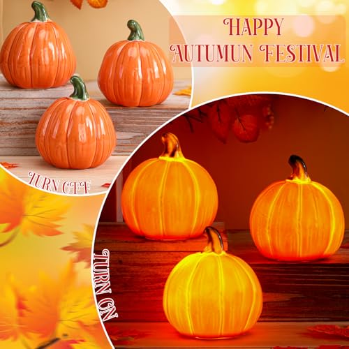 3 Pack Fall Ceramic Light Up Pumpkin Decor - Pumpkin Color, 3.94 x 3.5 Inches
