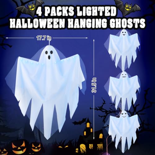 Halloween Hanging Ghost Lights Set - White Ghosts with Blue Light, 4 Pack Outdoor Decor