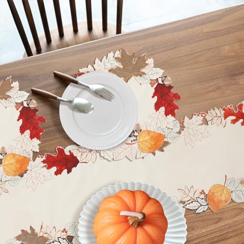 Fall Halloween Linen Textured Table Runner 70 Inch with Embroidered Maple Leaves