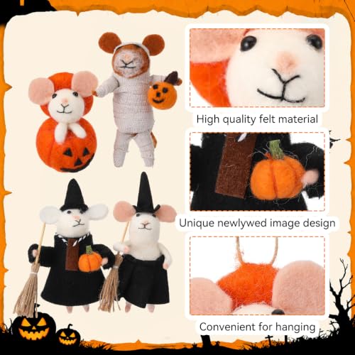 Halloween Felt Mouse Ornaments Set - Wool Handmade Decor with Pumpkin & Witch Details - 4 Pieces