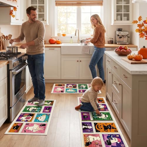 Halloween Kitchen Rug Set of 3 with Ghost and Pumpkin Stamp - Fall Indoor Decor