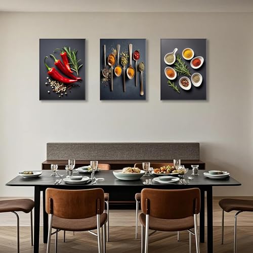 Colorful Spice Seasoning Wall Art Prints - Set of 3 Canvas Kitchen Decor 12x16 Inch Framed