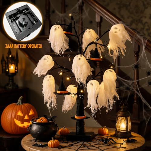 Halloween Indoor Decor with Ghost and Witch Hat Light - Spooky Tabletop Centerpiece
