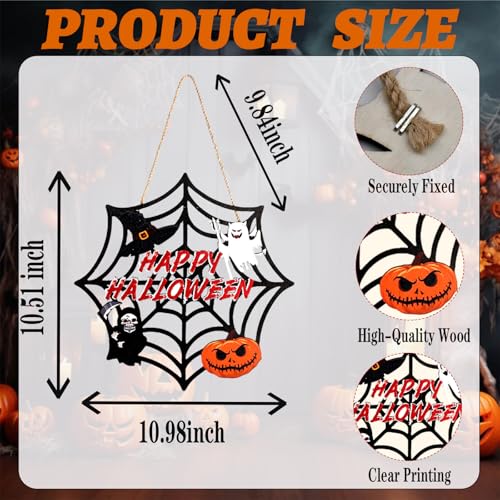 Halloween Spider Web Hanging Decor with Ghost Pumpkin Skull Bats - Wooden Front Door Wreath