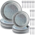 Medieval Party Supplies Set - Pewter Silver Plates & Plastic Forks, Retro Style, Serves 60