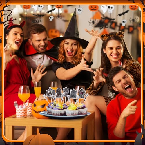 Halloween Cupcake Toppers Set - Tombstone & Skeleton Zombie Hand Picks, 48 Pcs