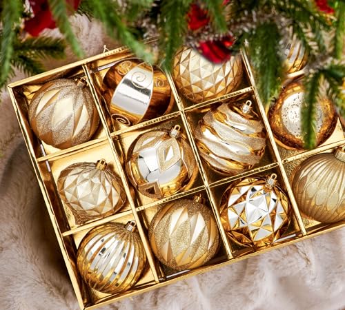 Christmas Ball Ornaments Set - 12 Shatterproof Plastic Decorations, Champagne, 100mm