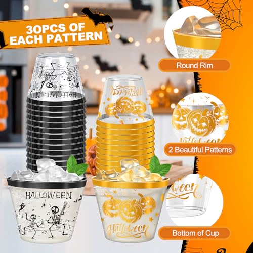 Halloween 9oz Plastic Cups - 60 Pack, Disposable Party Cups with Skeleton & Pumpkin Design