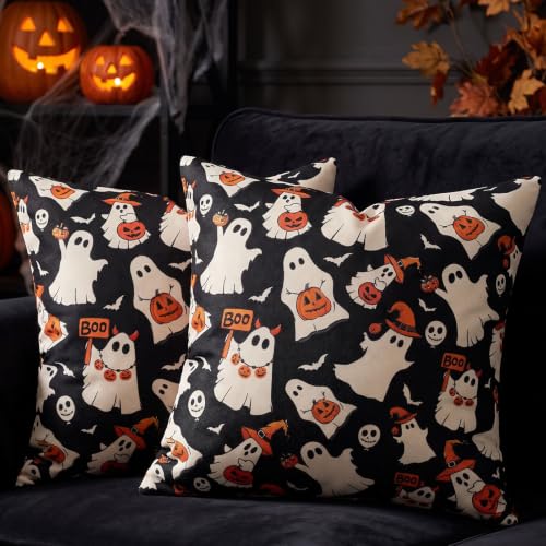 Halloween Ghost Pillow Covers - 20x20 Pack of 2, Playful Black Ghost Decor