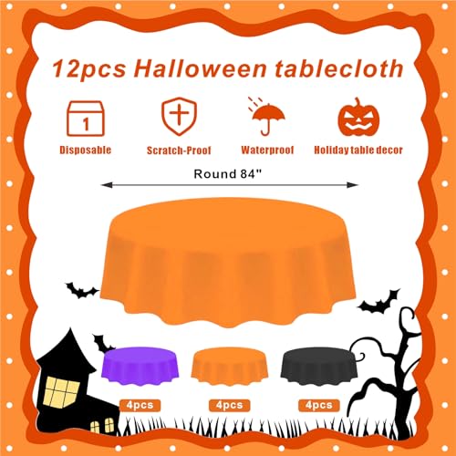 Eunika Halloween 12pcs Round Plastic Tablecloths - Black, Purple & Orange, 84 Inch