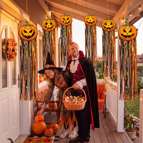 Halloween Pumpkin Hanging Decor Set - 6 Jack-O'-Lanterns Party Banner with Tinsel Streamers