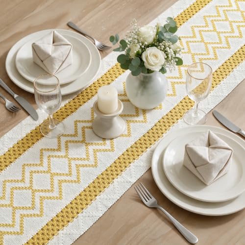 Artoid Mode Yellow Stripe Diamond Woven Table Runner 12x72 Inch - Durable Home Decor