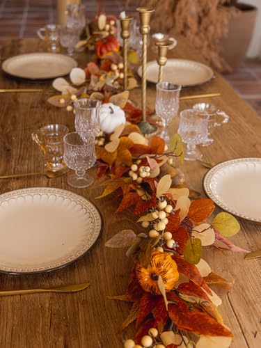 White Pumpkin with Red Willow Leaves Fall Garland 6.8FT Autumn Decor for Home Thanksgiving Halloween