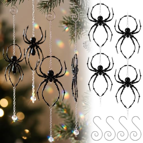 Large Black Halloween Crystal Spider Beaded Hanging Ornaments - Set of 4 with Hooks