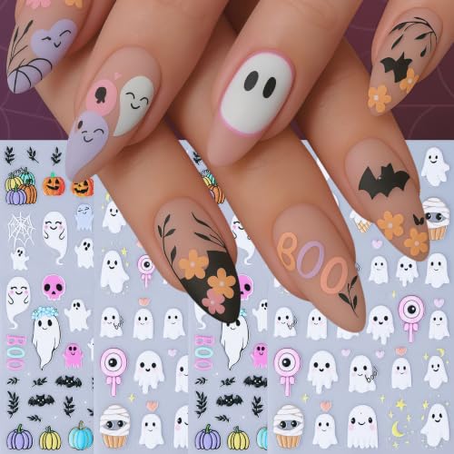 Halloween Ghost & Pumpkin Nail Stickers Set - Self-Adhesive 4 Sheets, 5D Embossed Nail Art Decals, Ghost Pumpkin Variation