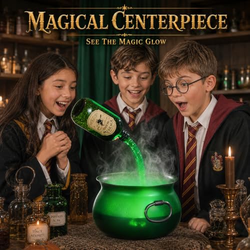 Halloween Magic Cauldron with Floating Potion Bottles, Fog & Glow Effect