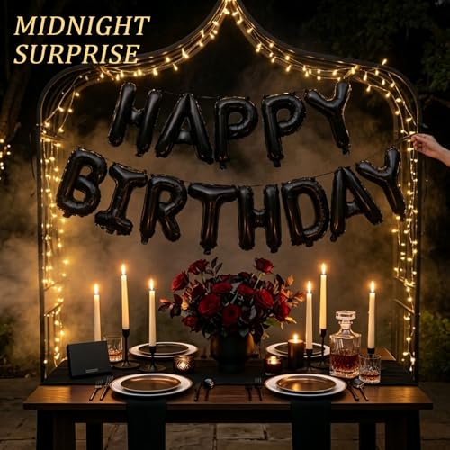 Black 16in Happy Birthday Balloons Banner for Party Decorations