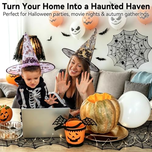 Halloween Decorations Kit with Lace Spiderweb Tablecloth and Bat Stickers - 40 Piece Set