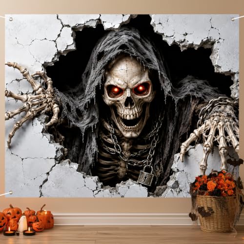 Skeleton Wall Banner Halloween Decor Breakout Banner 71x43 Inch - Hooded Skull Scene