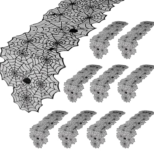 Black Lace Spider Web Halloween Table Runner Set - 10 Pack, 18x72 Inches