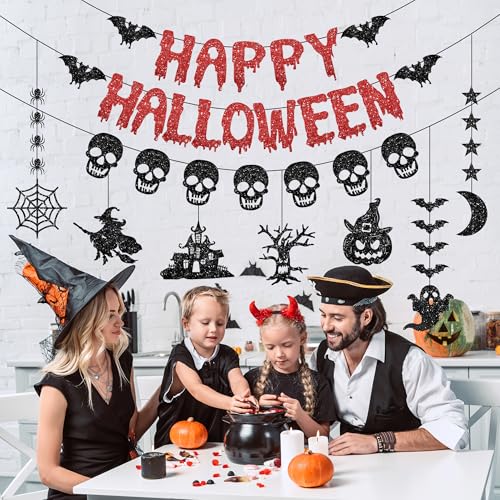 Pre-Strung Halloween Decorations Banner Set with Glitter - Black & Red, B Variation
