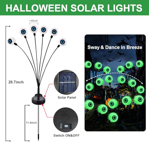 Solar Halloween Eyeball Lights - Waterproof Outdoor 12 LED Swirling Green Pathway Decor - 2 Pack