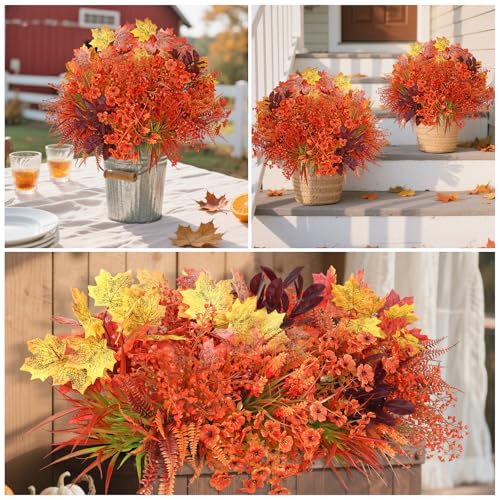 Artificial Fall Flowers Bundle - Fall Orange, UV Resistant Outdoor Decor, 24 Stems