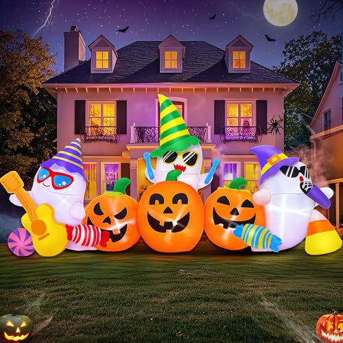 8FT Halloween Inflatable Ghost Pumpkin Band Decoration with LED Lights - Outdoor Yard Halloween Decor, Music Pumpkin Variation