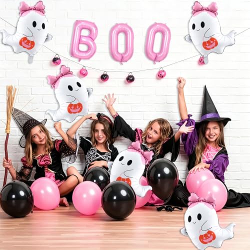 Pastel Pink Ghost Balloons Set with Bows & Pumpkins - Halloween Party Decor