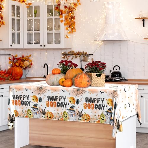 Halloween Happy Boo Day Tablecloth Set - Orange Black Ghost Pumpkins 3Pcs