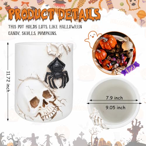 Halloween Large White Witch Cauldron Bucket 11.72" Candy Pot with Skull & Spider Design