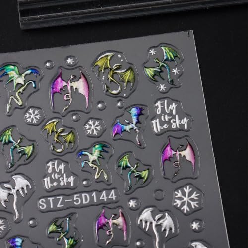 Self-Adhesive Nail Stickers - Halloween 5D Laser Pterosaur Snowflake Design - 2 Sheets