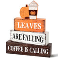Fall Wooden Decor Set - Leaves Falling and Coffee Is Calling - Rustic Autumn Table Decorations