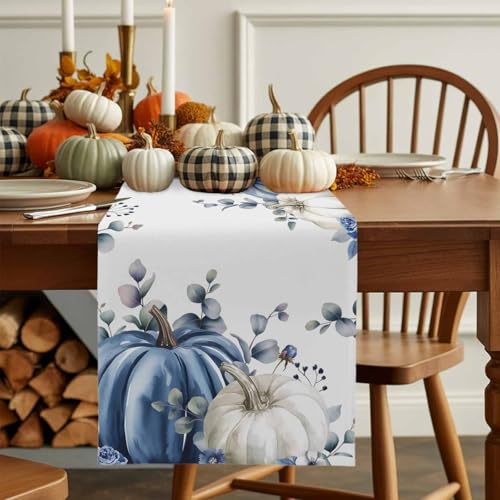Fall Thanksgiving Table Runner 13 x 90 Inches Grey Blue Pumpkin Eucalyptus