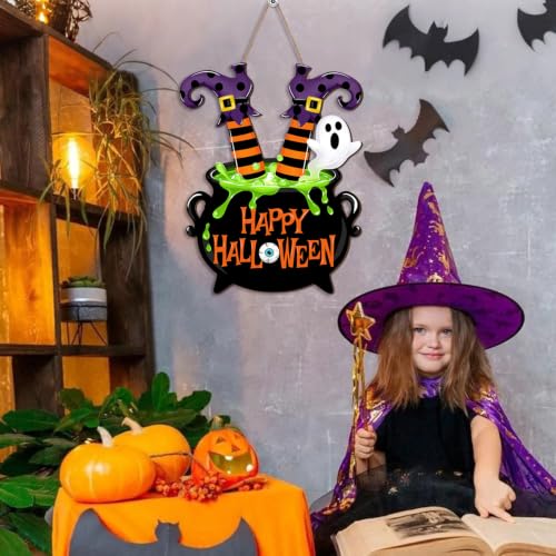 Halloween Witch Door Sign with Legs and Cauldron - Festive Wall Hanging Decor