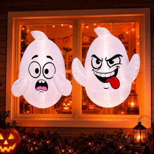 Halloween Inflatable Window Ghosts - 3.5 Ft Flying Ghost Decorations with LEDs & Suction Cups - White Ghost Variation