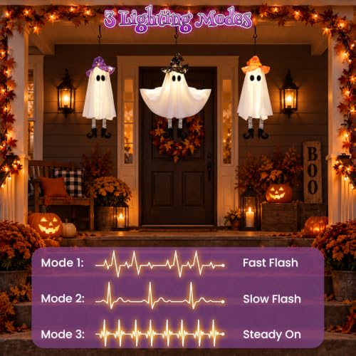 Halloween Decorations Outdoor Indoor Warm Light-Up Hanging Ghosts with Legs & Witch Hat - 4 Pack