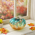 Hand Blown Glass Pumpkin Decor - 4.13 Inch Blue and Gold Glitter Fall Accent - Handmade Thanksgiving Table Centerpiece