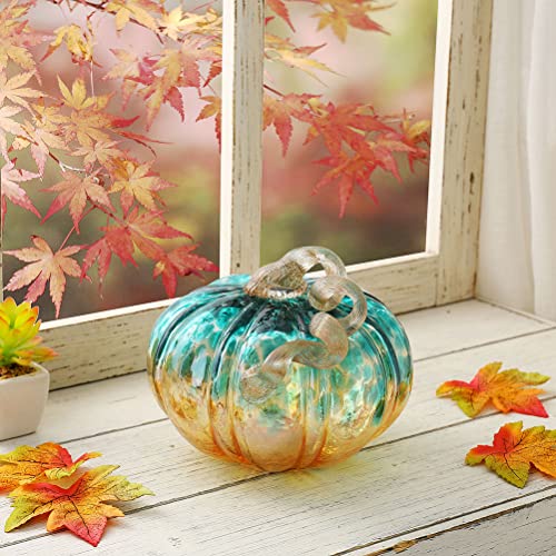 Hand Blown Glass Pumpkin Decor - 4.13 Inch Blue and Gold Glitter Fall Accent - Handmade Thanksgiving Table Centerpiece