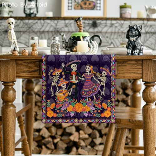 Mexican Sugar Skull Day of the Dead Table Runner - Colorful 13x72 Inch Home Decor